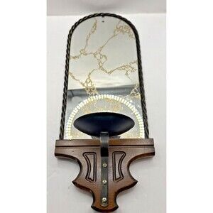 1 Mirror Candle Wall Wood Metal Sconce Vintage 70’s MCM Retro Homco Gold Vein